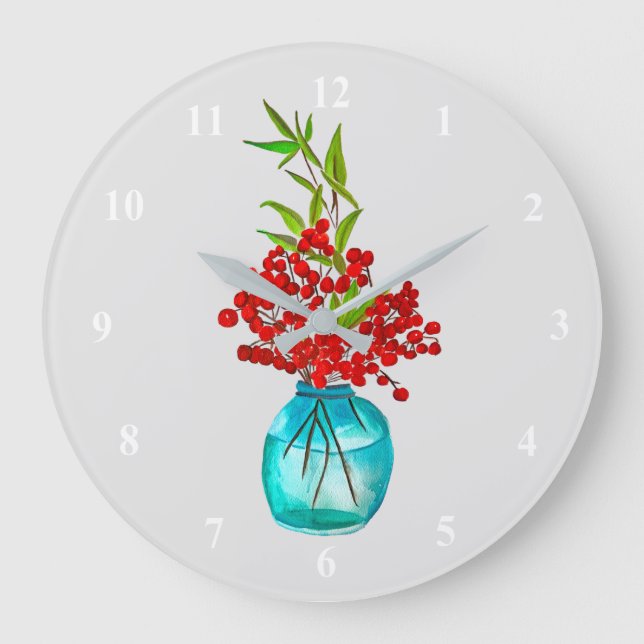 Reloj Redondo Grande Navidades bayas rojas acuarela arte (Anverso)