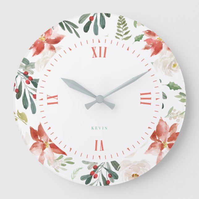 Reloj Redondo Grande Navidades bayas y estampado de poinsettia (Anverso)
