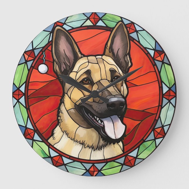 Reloj Redondo Grande Navidades belgas malinois de vidrio templado (Anverso)