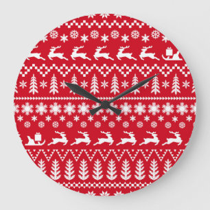 Reloj Redondo Grande Navidades clásicos: Patrón rojo blanco de invierno