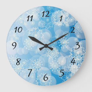 Reloj Redondo Grande Navidades con copos de nieve en un fondo azul
