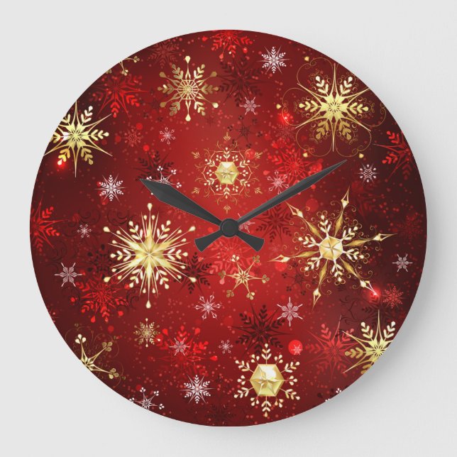 Reloj Redondo Grande Navidades Copos de nieve dorados con fondo rojo (Anverso)