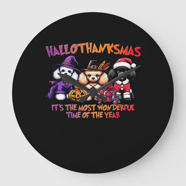 Reloj Redondo Grande Navidades de Acción de Gracias de Poodle Halloween (Anverso)