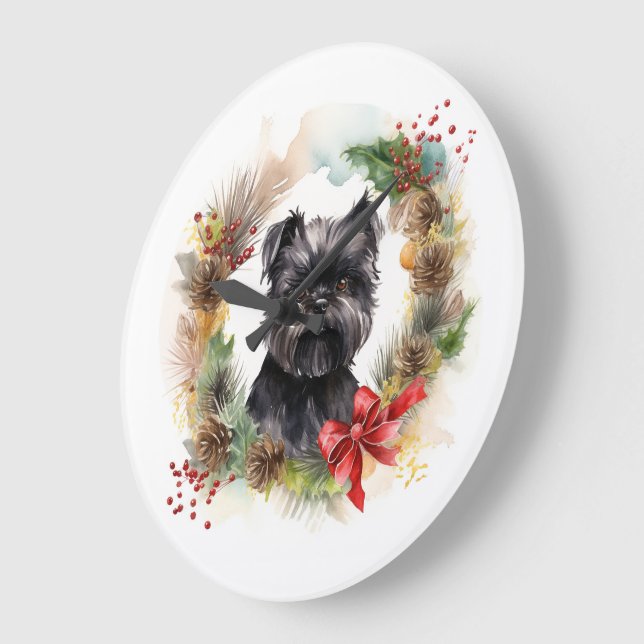 Reloj Redondo Grande Navidades de Affenpinscher Wreath Festive Pup (Ángulo)