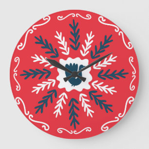 Reloj Redondo Grande Navidades de arte Folk Doodle Tile
