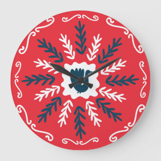 Reloj Redondo Grande Navidades de arte Folk Doodle Tile