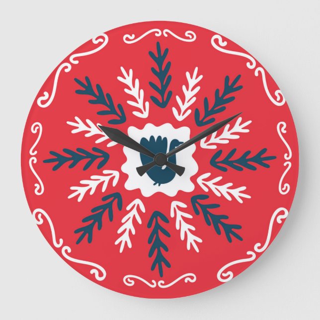 Reloj Redondo Grande Navidades de arte Folk Doodle Tile (Anverso)