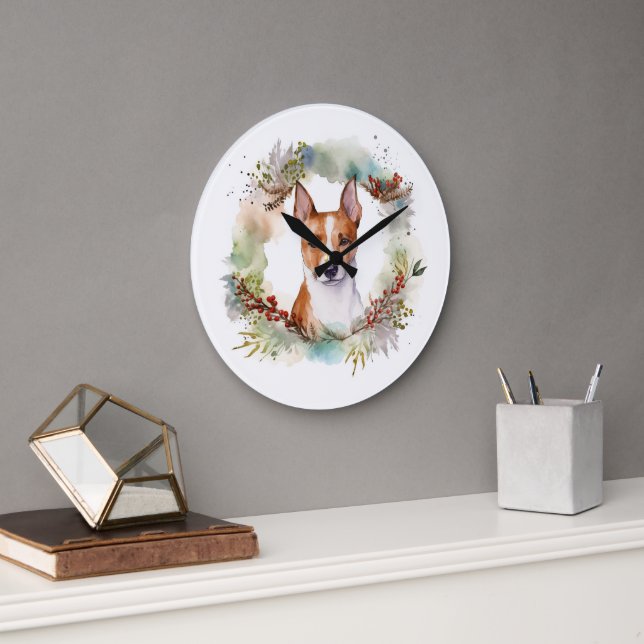 Reloj Redondo Grande Navidades de Basenji Wreath Festive Pup (Oficina)