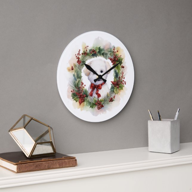 Reloj Redondo Grande Navidades de Bichon Frise Wreath Festimes Pup (Oficina)