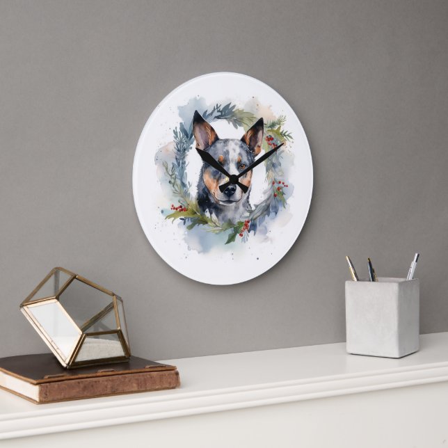 Reloj Redondo Grande Navidades de Blue Heeler Wreath Festimes Pup (Oficina)