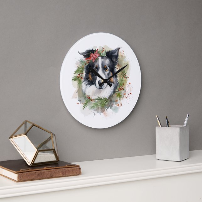 Reloj Redondo Grande Navidades de Border Collie Wreath Festimes Pup (Oficina)