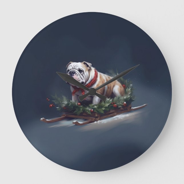 Reloj Redondo Grande Navidades de bulldog nevan invierno (Anverso)