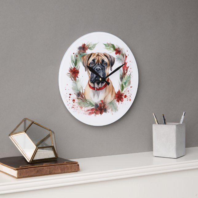 Reloj Redondo Grande Navidades de bullmastiff Wreath Festimes Pup (Oficina)