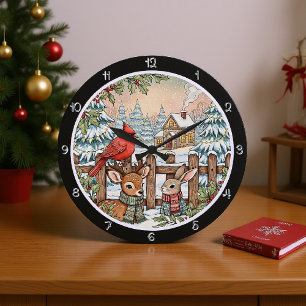 Reloj Redondo Grande Navidades de ciervos, conejos y cardenales