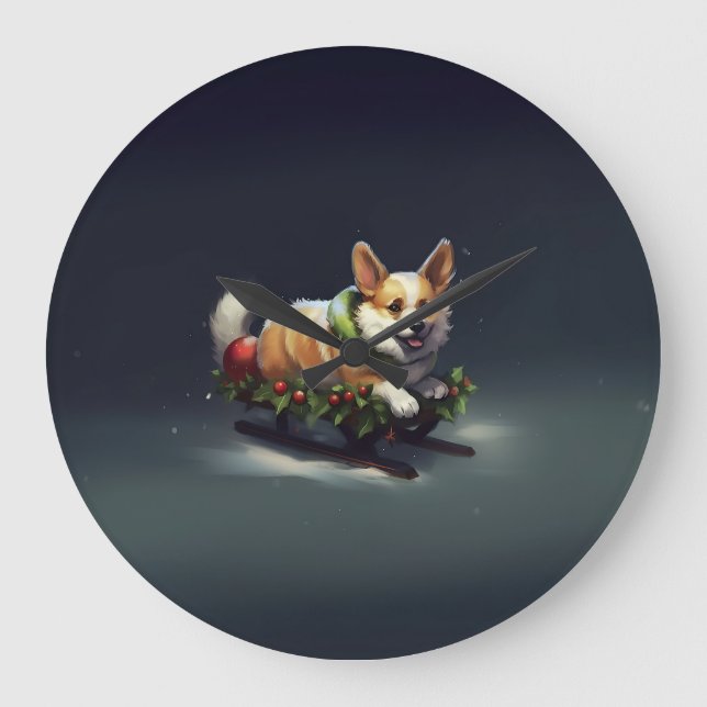 Reloj Redondo Grande Navidades de Corgi nevan invierno (Anverso)