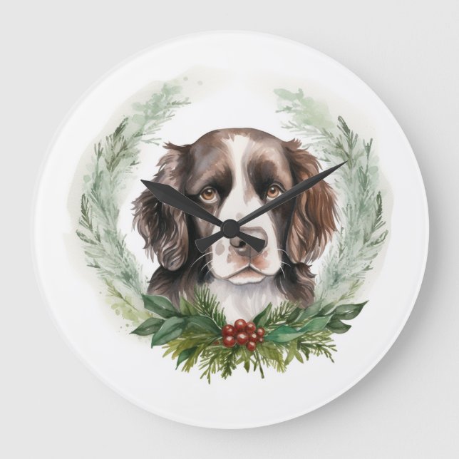 Reloj Redondo Grande Navidades de espaniel Springer Wreath Festive Pup (Anverso)