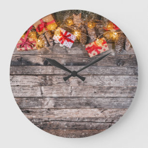 Reloj Redondo Grande Navidades de fondo rústico, tablas de madera.