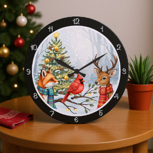 Reloj Redondo Grande Navidades de Fox, Deer y Cardinal