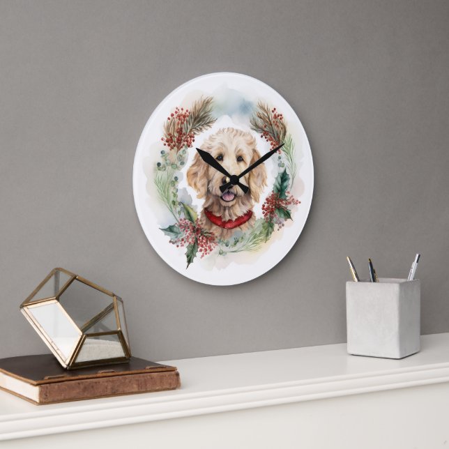 Reloj Redondo Grande Navidades de Goldendoodle Wreath Festial Pup (Oficina)