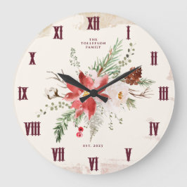 Reloj Redondo Grande Navidades de granjas Invernal de Poinsettia Rustic