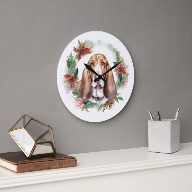 Reloj Redondo Grande Navidades de Hound Basset Wreath Festimes Pup (Oficina)