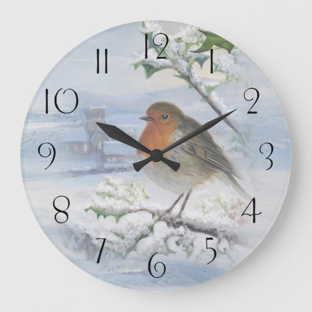 Reloj Redondo Grande Navidades de invierno Red Robin Bird (Anverso)
