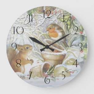 Reloj Redondo Grande Navidades de invierno Red Robin Bird Squirrel