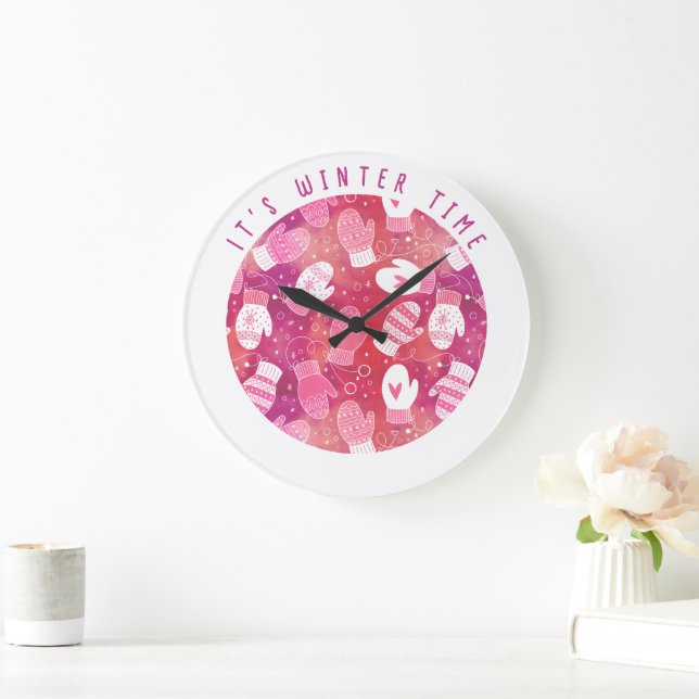 Reloj Redondo Grande Navidades de invierno reducen el patrón en rosa (Hogar)