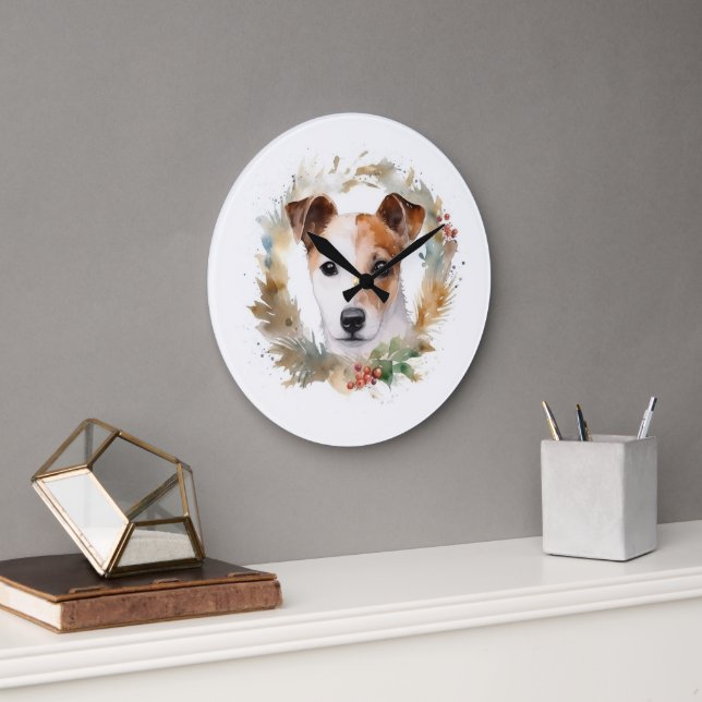 Reloj Redondo Grande Navidades de Jack Russell Wreath Festive Pup (Oficina)