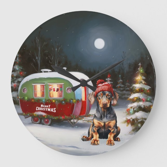 Reloj Redondo Grande Navidades de la Caravana de Invierno Doberman Adve (Anverso)