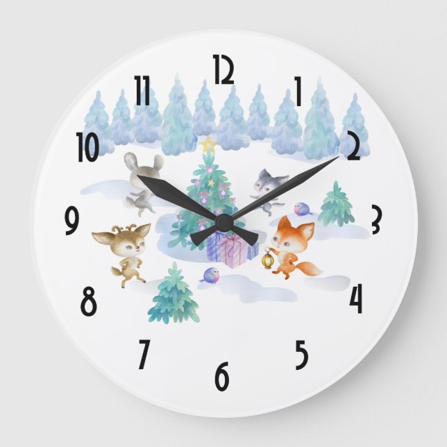 Reloj Redondo Grande Navidades de los animales del bosque bailando acua (Anverso)