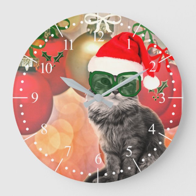 Reloj Redondo Grande Navidades de moda gato con Gorra de Santa Claus (Anverso)