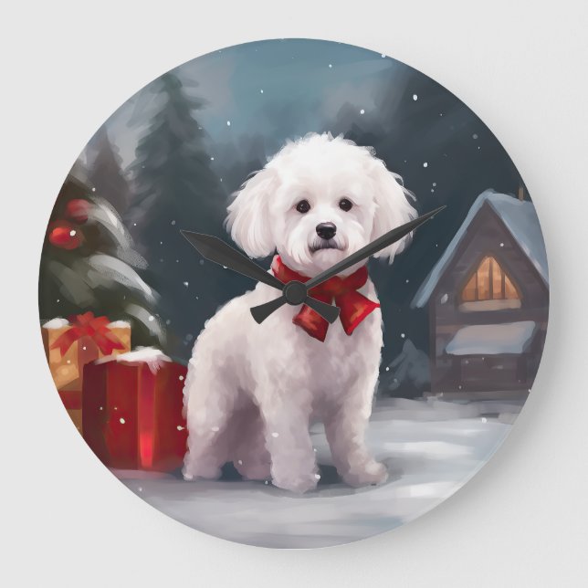 Reloj Redondo Grande Navidades de Nieve de Bichon Frise Dog (Anverso)