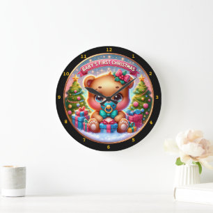 Reloj Redondo Grande Navidades de oso bebé con decoración de regalo