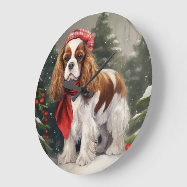 Reloj Redondo Grande Navidades de Perro Cavalier King Charles Spaniel (Ángulo)