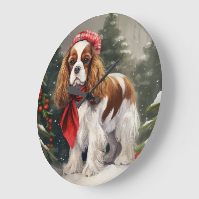 Reloj Redondo Grande Navidades de Perro Cavalier King Charles Spaniel (Ángulo)