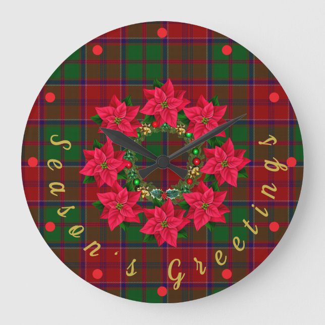 Reloj Redondo Grande Navidades de Red Plaid Tartan Poinsettia (Anverso)