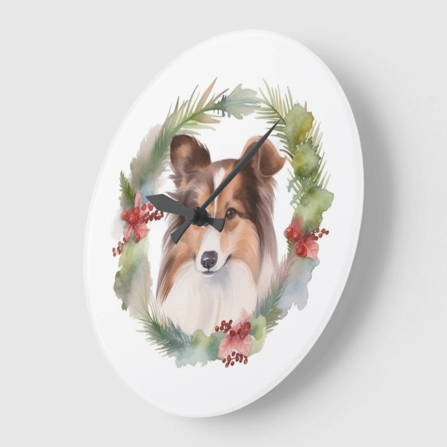 Reloj Redondo Grande Navidades de Shetland Sheepdog Wreath Festimes Pup (Ángulo)