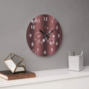 Reloj Redondo Grande Navidades de Swirls Blancas Marrones Metálicos
