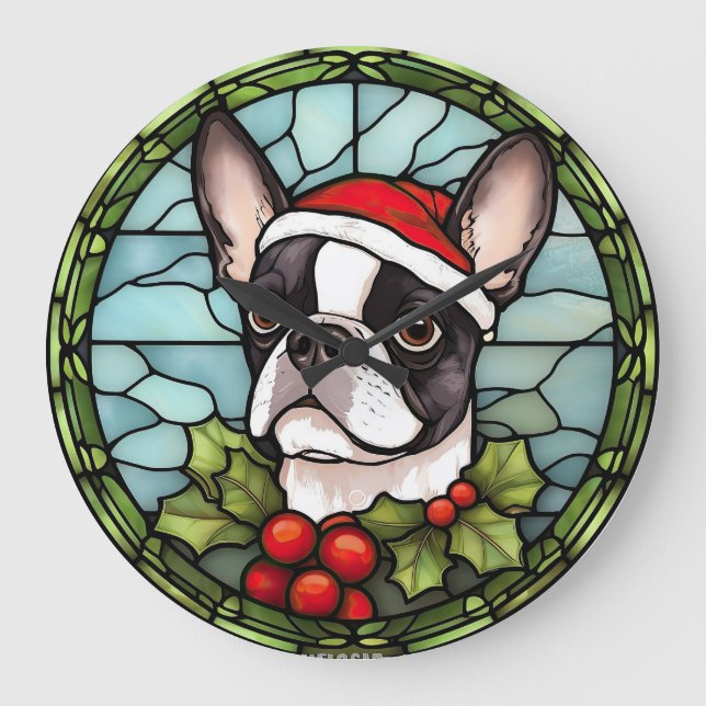 Reloj Redondo Grande Navidades de vidrio manchado de Boston Terrier (Anverso)