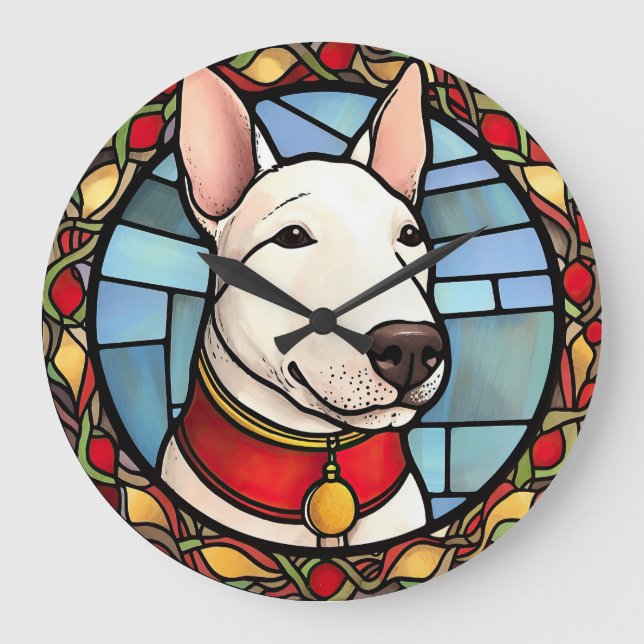 Reloj Redondo Grande Navidades de vidrio manchado de Bull Terrier (Anverso)