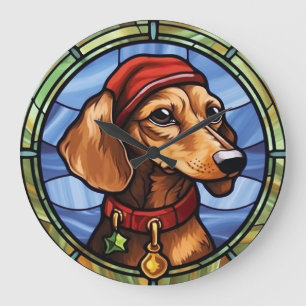 Reloj Redondo Grande Navidades de vidrio manchado de Dachshund