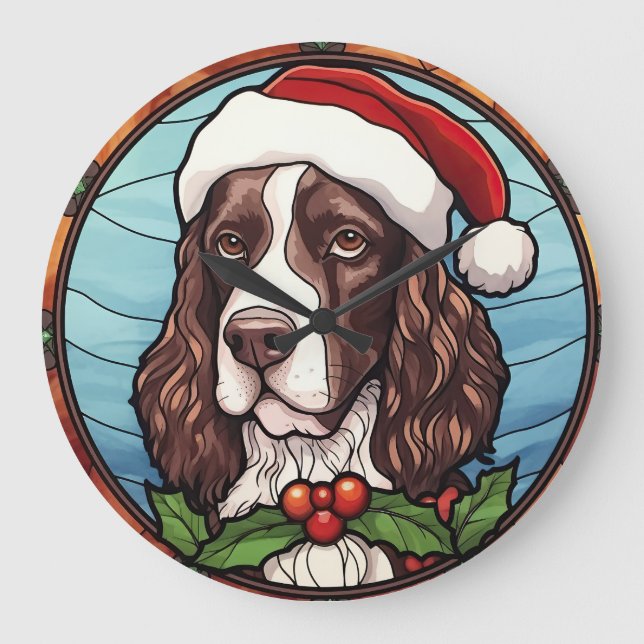 Reloj Redondo Grande Navidades de vidrio manchado de Springer Spaniel (Anverso)