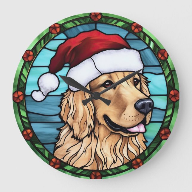 Reloj Redondo Grande Navidades de vidrio manchado Golden Retriever (Anverso)