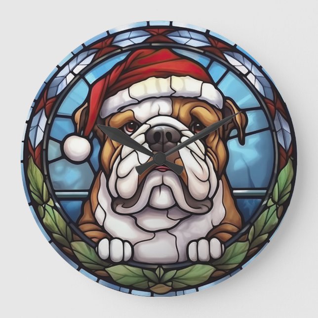 Reloj Redondo Grande Navidades de vidrio templado de bulldog (Anverso)