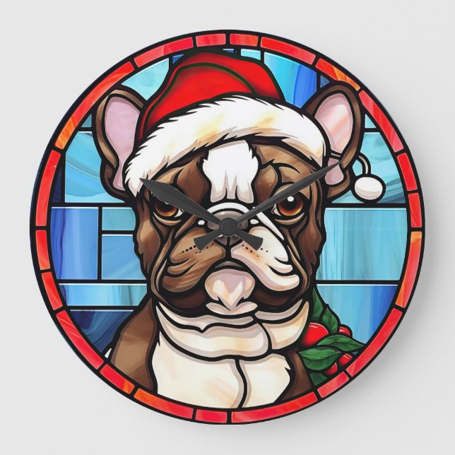 Reloj Redondo Grande Navidades de vidrio templado de Bulldog francés (Anverso)
