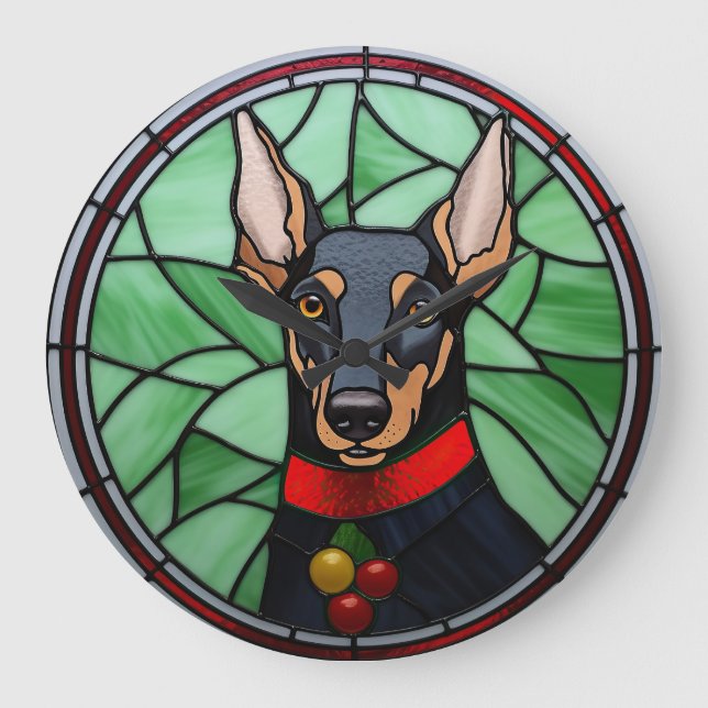 Reloj Redondo Grande Navidades de vidrio templado Doberman Pinscher (Anverso)