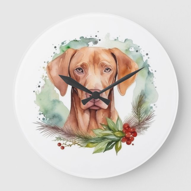 Reloj Redondo Grande Navidades de Vizsla Wreath Festimes Pup (Anverso)