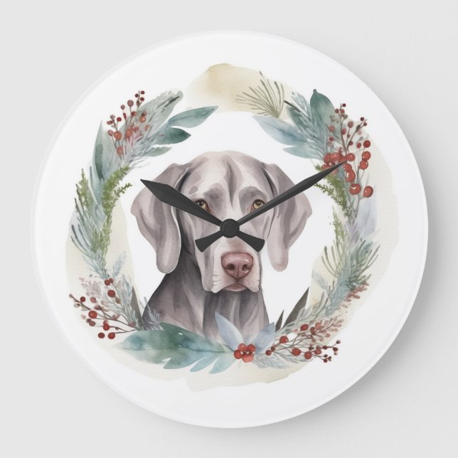 Reloj Redondo Grande Navidades de Weimaraner Wreath Festive Pup (Anverso)