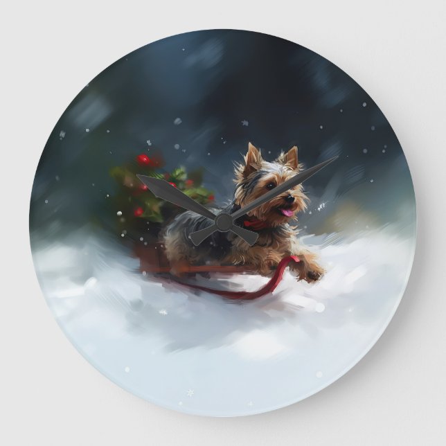 Reloj Redondo Grande Navidades de Yorkshire Terrier en invierno (Anverso)